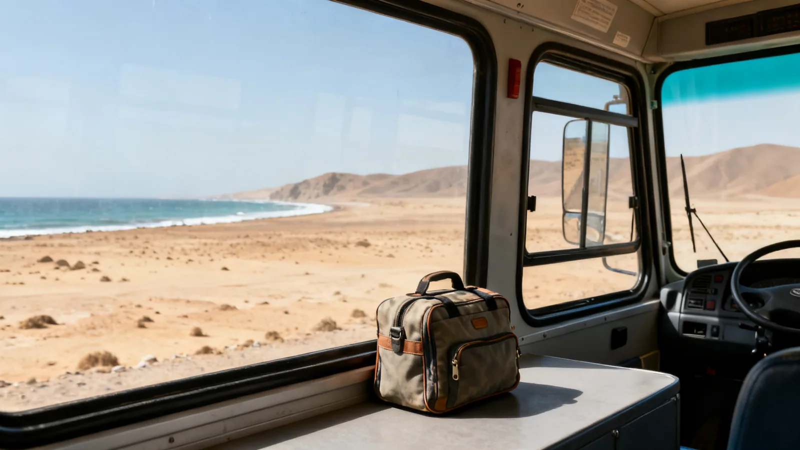 A bag beside a coach window, photographic illustration