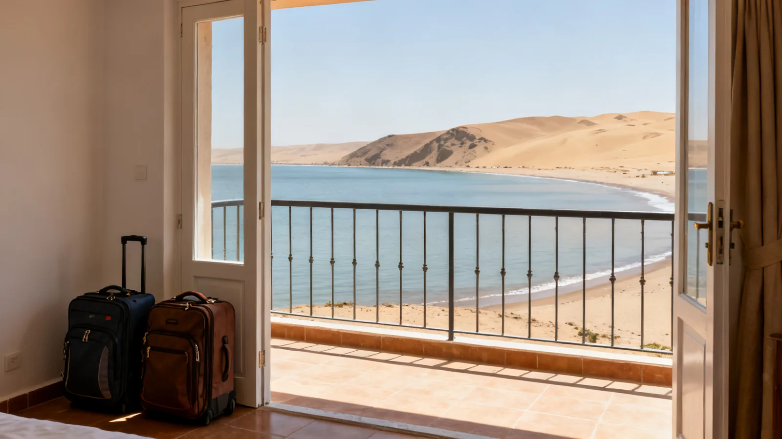Photographic illustration of travel bags beside a guest-room balcony facing a bay