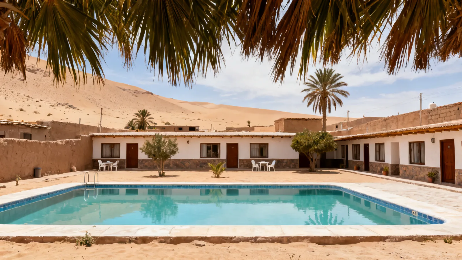 A pool in a small hotel courtyard, photographic illustration