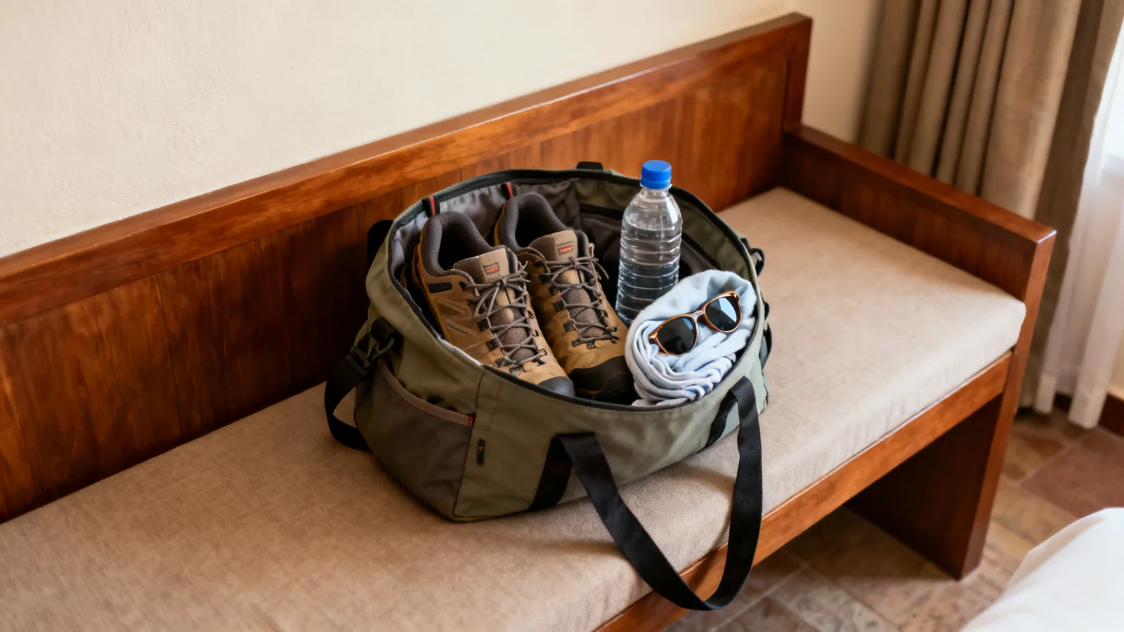 Walking shoes and water packed for a day out, photographic illustration