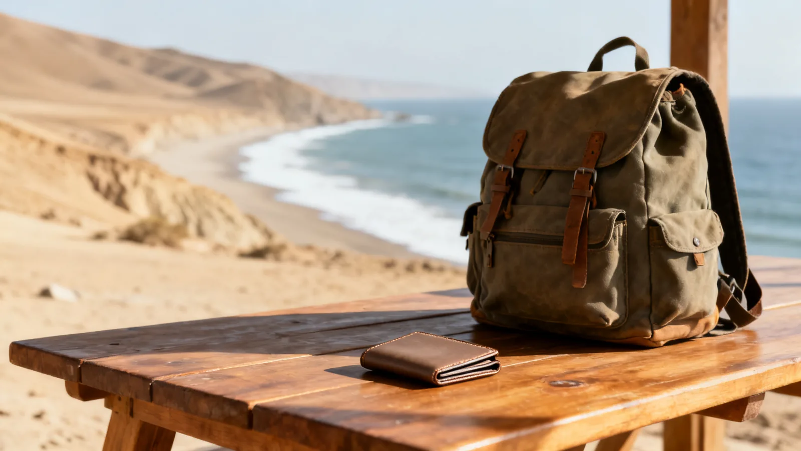 Photographic illustration of a day pack and wallet on a table near the coast