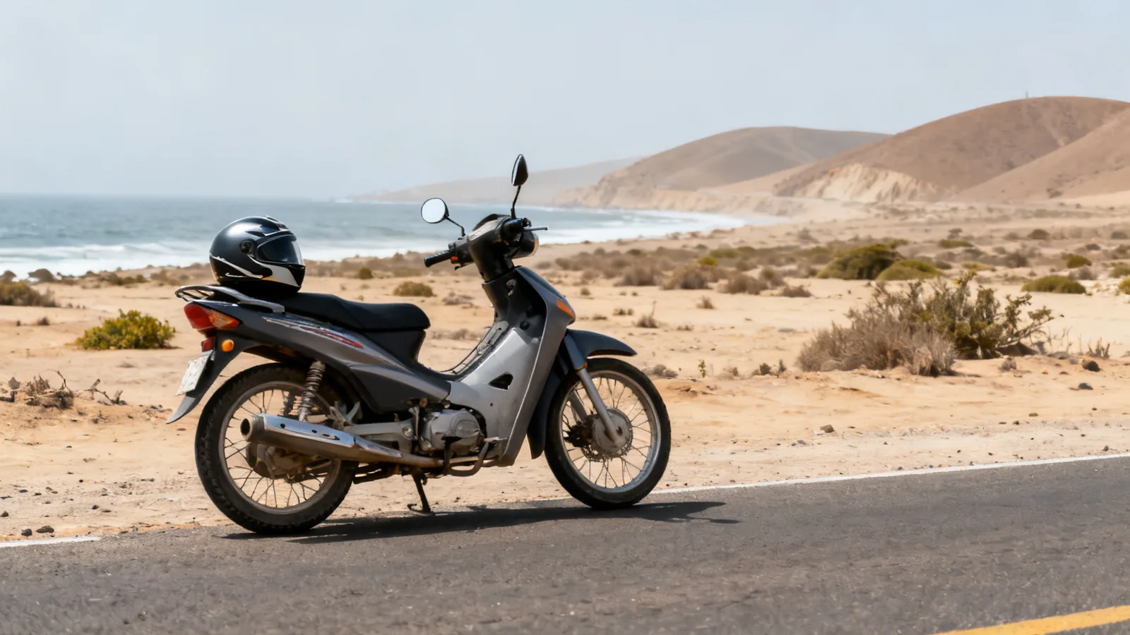 Photographic illustration of a parked motor scooter and helmet beside a paved road